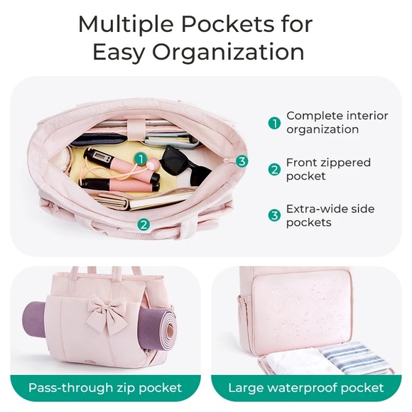 Bagsmart Crush Puffy Tote Bag - Pink Quilted Gym/Work/Travel Bag - Picture 2 of 7